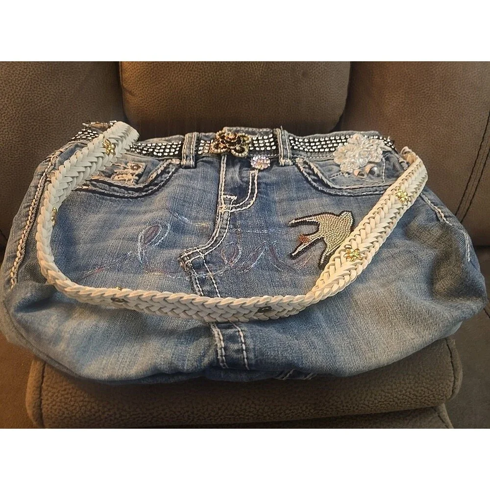 Upcycled Denim Crossbody Purse 14x11" - Picture 1 of 12